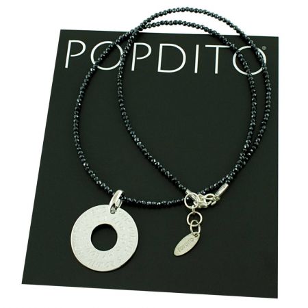 POPDITO Spinell Collier Kette schwarz 45 cm mit Anhänger rund 925 silber