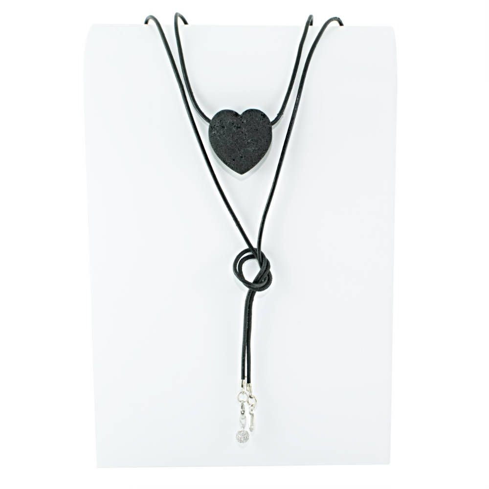POPDITO Choker Leder Band Kette schwarz mit Lava Herz Anhänger Charm mit Zirkonia